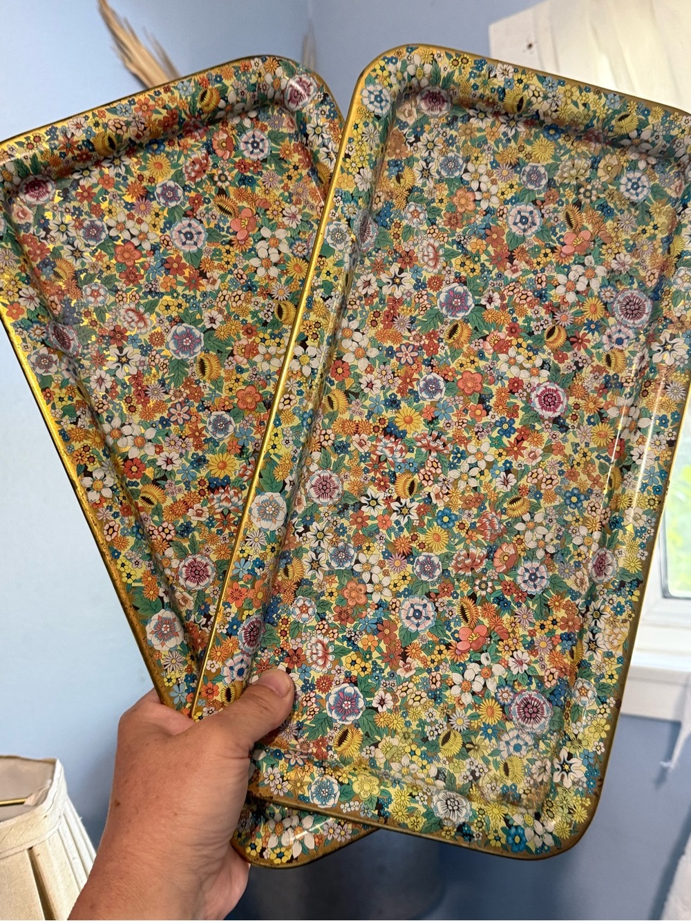 Colorful Floral Metal Serving Trays with Yellow Edge
